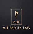 Gold logo featuring a stylized letter "A" above the word "ALIF" inside a rectangle, with "ALI FAMILY LAW" written below on a dark background.