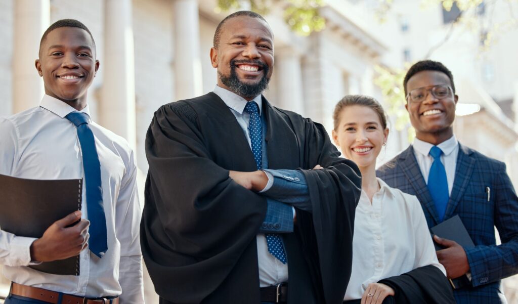 Four professionally dressed people, including one in judicial robes, stand outside a building, smiling at the camera.